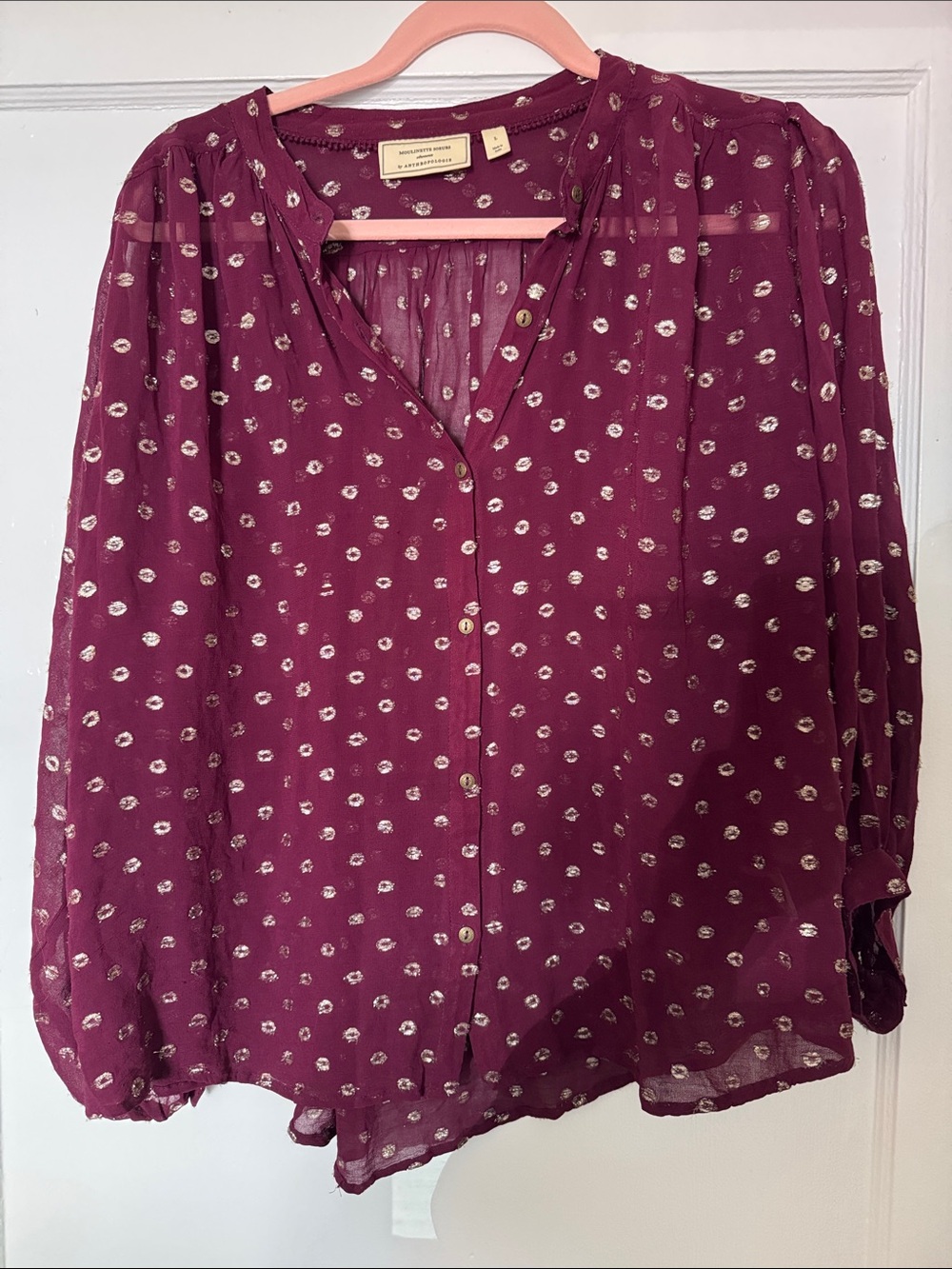 Anthropologie Moulinette Soeurs Plum Dot Metallic-Print Button Blouse